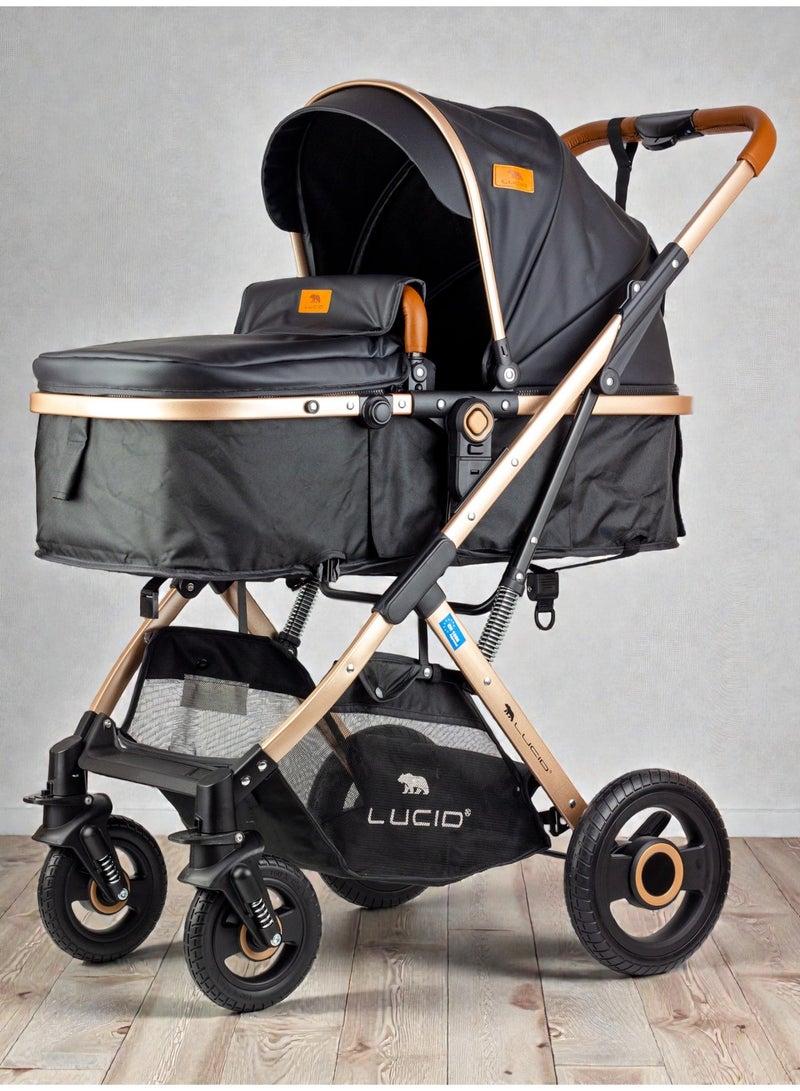 لوسيد عربة أطفال سينا، عربة أطفال فاخرة بمظلة وغطاء جلد من لوسيد بيبي- أسود - Image 1